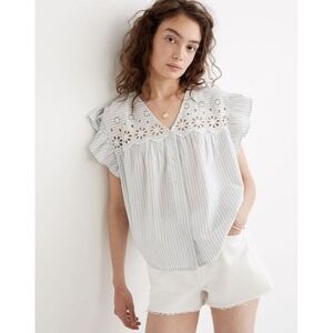Madewell Eyelet Button-Front Flutter Sleeve Striped Blouse Blue White XL